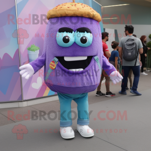 Lavender Hamburger mascot costume character dressed with a Boyfriend Jeans and Necklaces