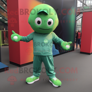 Green Juggle mascot costume character dressed with a T-Shirt and Beanies