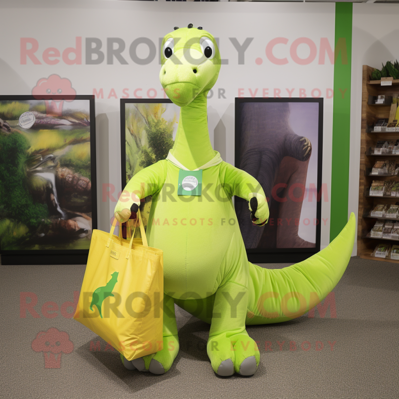 Lime Green Brachiosaurus mascot costume character dressed with a Oxford Shirt and Tote bags