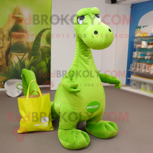 Lime Green Brachiosaurus mascot costume character dressed with a Oxford Shirt and Tote bags