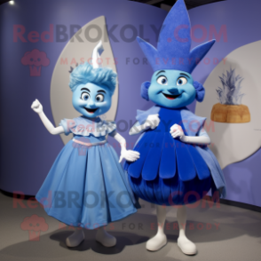 Blue Onion mascot costume character dressed with a Mini Dress and Cummerbunds