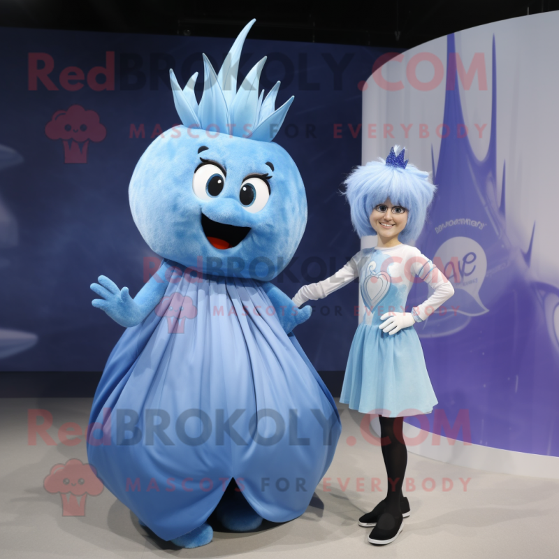 Blue Onion mascot costume character dressed with a Mini Dress and Cummerbunds