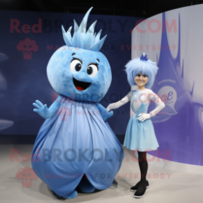 Blue Onion mascot costume character dressed with a Mini Dress and Cummerbunds