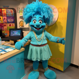 Turquoise Goulash mascot costume character dressed with a Pencil Skirt and Bracelets