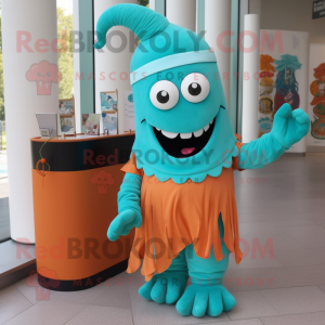 Turquoise Goulash mascot costume character dressed with a Pencil Skirt and Bracelets