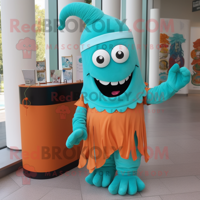Turquoise Goulash mascot costume character dressed with a Pencil Skirt and Bracelets Turquoise Goulash mascot costume character dressed with a Pencil Skirt and Bracelets