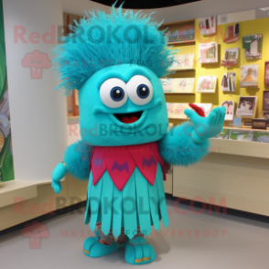 Turquoise Goulash mascot costume character dressed with a Pencil Skirt and Bracelets