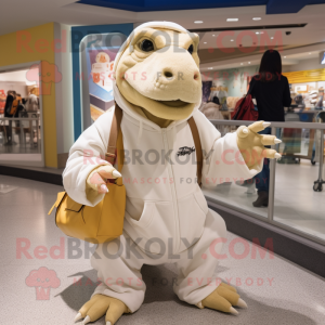 Cream Iguanodon mascot costume character dressed with a Hoodie and Tote bags