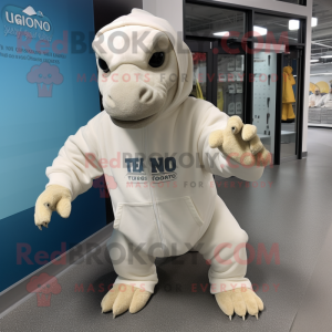 Cream Iguanodon mascot costume character dressed with a Hoodie and Tote bags