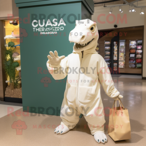 Cream Iguanodon mascot costume character dressed with a Hoodie and Tote bags