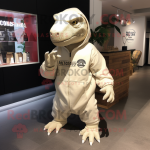 Cream Iguanodon mascot costume character dressed with a Hoodie and Tote bags