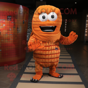 Orange Mummy mascot costume character dressed with a Flannel Shirt and Foot pads