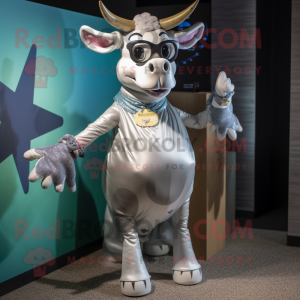 Silver Jersey Cow mascot costume character dressed with a Bikini and Cummerbunds