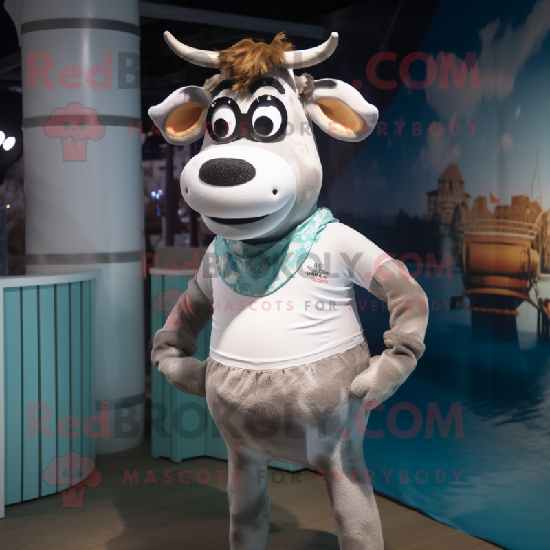 Silver Jersey Cow mascot costume character dressed with a Bikini and Cummerbunds