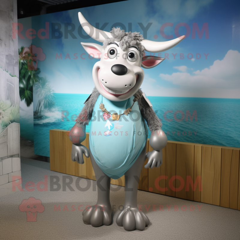 Silver Jersey Cow mascot costume character dressed with a Bikini and Cummerbunds Silver Jersey Cow mascot costume character dressed with a Bikini and Cummerbunds