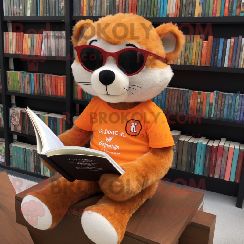 Orange Ferret mascot costume character dressed with a Henley Shirt and Reading glasses Orange Ferret mascot costume character dressed with a Henley Shirt and Reading glasses