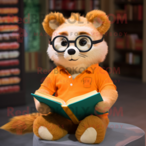 Orange Ferret mascot costume character dressed with a Henley Shirt and Reading glasses