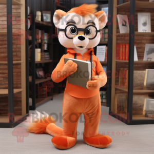 Orange Ferret mascot costume character dressed with a Henley Shirt and Reading glasses