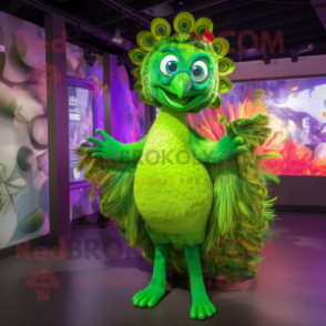 Lime Green Peacock mascot costume character dressed with a Playsuit and Rings