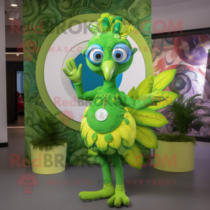 Lime Green Peacock mascot costume character dressed with a Playsuit and Rings