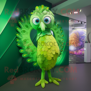 Lime Green Peacock mascot costume character dressed with a Playsuit and Rings