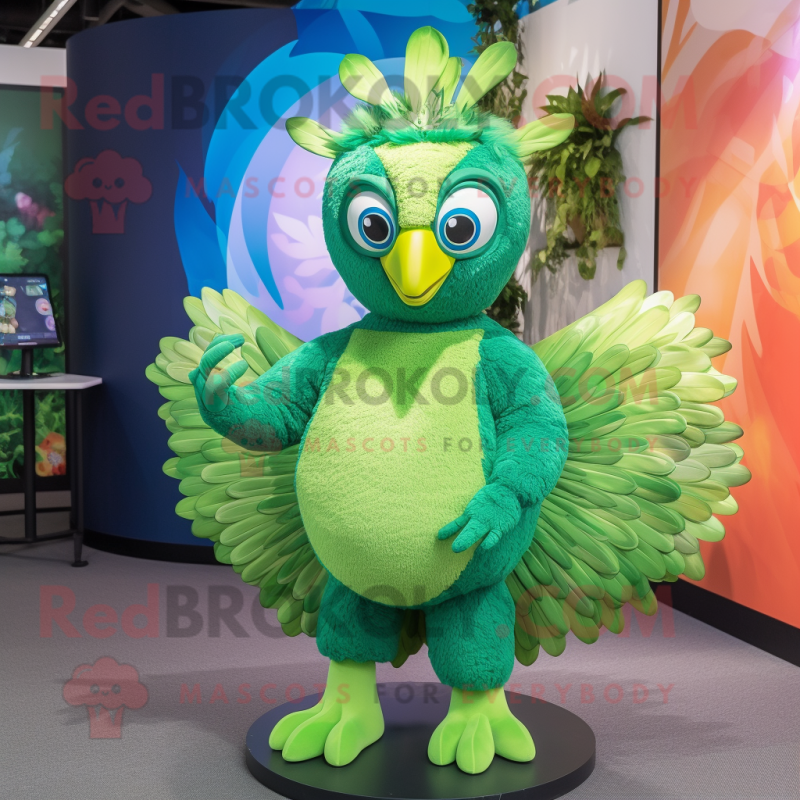 Lime Green Peacock mascot costume character dressed with a Playsuit and Rings