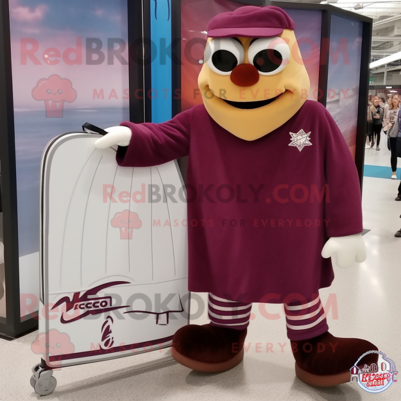 Maroon Pair Of Ice Skates mascot costume character dressed with a Maxi Dress and Wallets