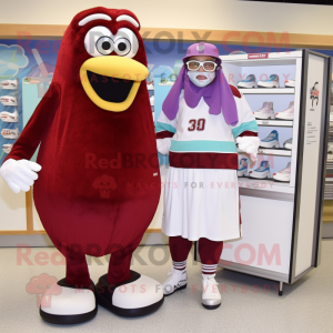 Maroon Pair Of Ice Skates mascot costume character dressed with a Maxi Dress and Wallets