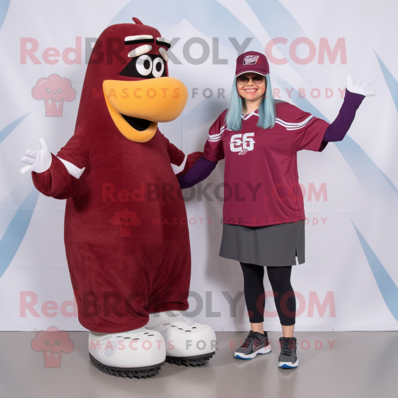 Maroon Pair Of Ice Skates mascot costume character dressed with a Maxi Dress and Wallets