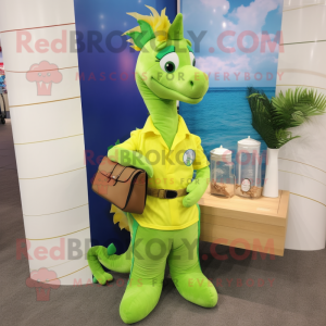 Lime Green Seahorse mascot costume character dressed with a Polo Tee and Pocket squares