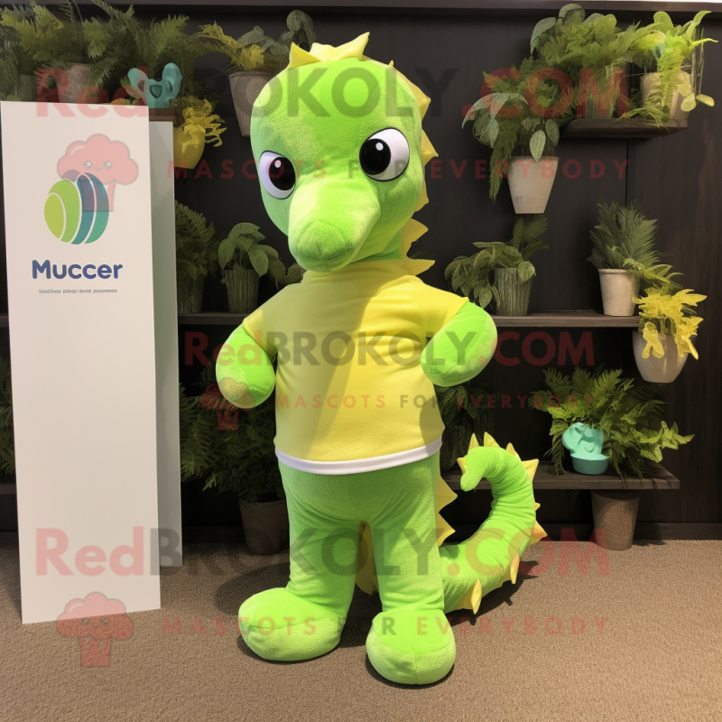 Lime Green Seahorse mascot costume character dressed with a Polo Tee and Pocket squares