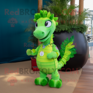 Lime Green Seahorse mascot costume character dressed with a Polo Tee and Pocket squares