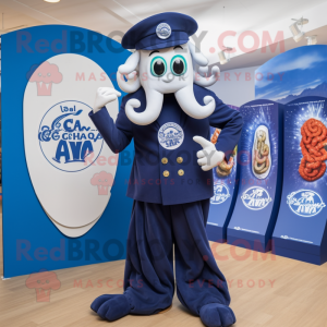 Navy Fried Calamari mascot costume character dressed with a One-Piece Swimsuit and Lapel pins