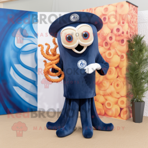 Navy Fried Calamari mascot costume character dressed with a One-Piece Swimsuit and Lapel pins