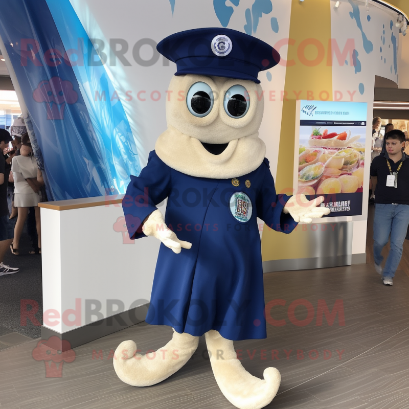 Navy Fried Calamari mascot costume character dressed with a One-Piece Swimsuit and Lapel pins