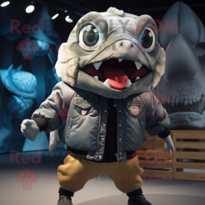 Gray Piranha mascot costume character dressed with a Bomber Jacket and Scarves