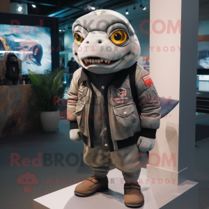 Gray Piranha mascot costume character dressed with a Bomber Jacket and Scarves
