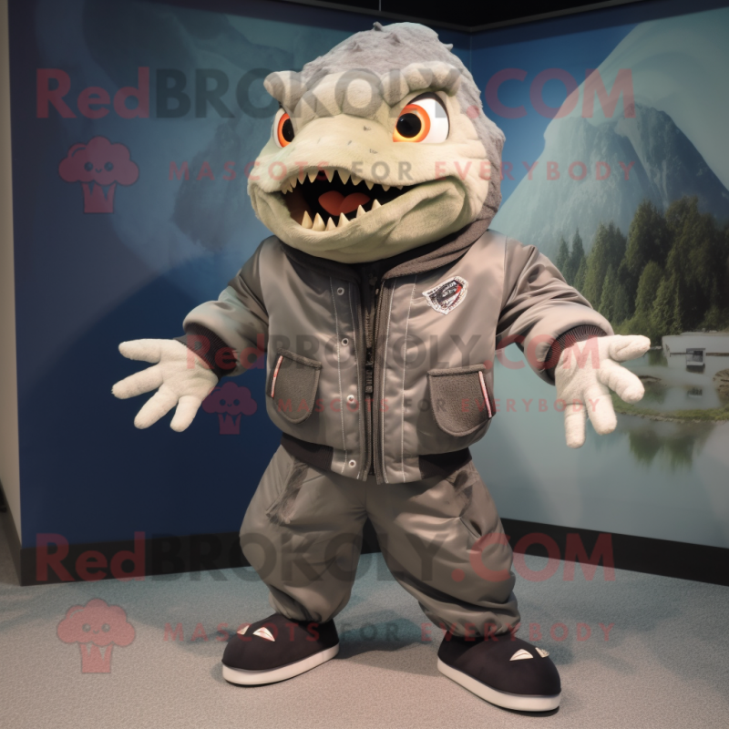 Gray Piranha mascot costume character dressed with a Bomber Jacket and Scarves