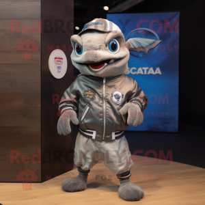 Gray Piranha mascot costume character dressed with a Bomber Jacket and Scarves