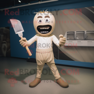 Beige Knife Thrower mascot costume character dressed with a Henley Tee and Tie pins
