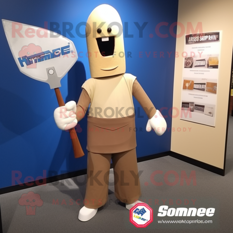 Beige Knife Thrower mascot costume character dressed with a Henley Tee and Tie pins