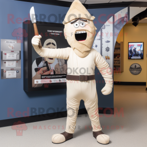 Beige Knife Thrower mascot costume character dressed with a Henley Tee and Tie pins