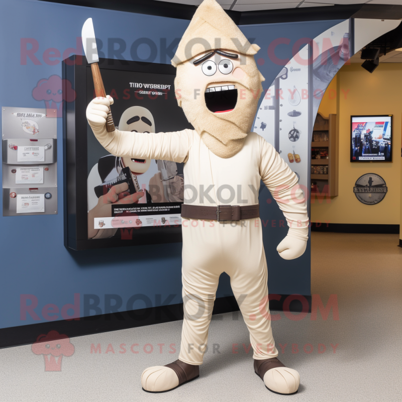 Beige Knife Thrower mascot costume character dressed with a Henley Tee and Tie pins Beige Knife Thrower mascot costume character dressed with a Henley Tee and Tie pins