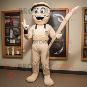 Beige Knife Thrower mascot costume character dressed with a Henley Tee and Tie pins