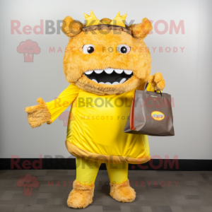 Yellow Pulled Pork Sandwich mascot costume character dressed with a Dress Pants and Clutch bags