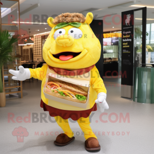 Yellow Pulled Pork Sandwich mascot costume character dressed with a Dress Pants and Clutch bags
