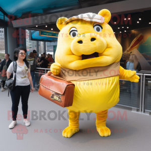 Yellow Pulled Pork Sandwich mascot costume character dressed with a Dress Pants and Clutch bags