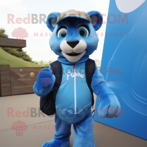 Blue Puma mascot costume character dressed with a Waistcoat and Backpacks