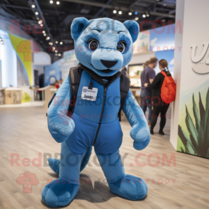 Blue Puma mascot costume character dressed with a Waistcoat and Backpacks