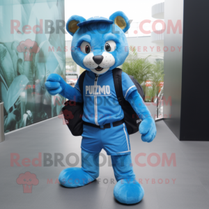 Blue Puma mascot costume character dressed with a Waistcoat and Backpacks